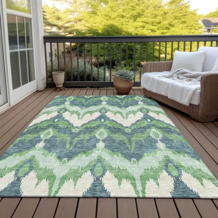 9' X 12' Green Ivory And Blue Ikat Washable Indoor Outdoor Area Rug