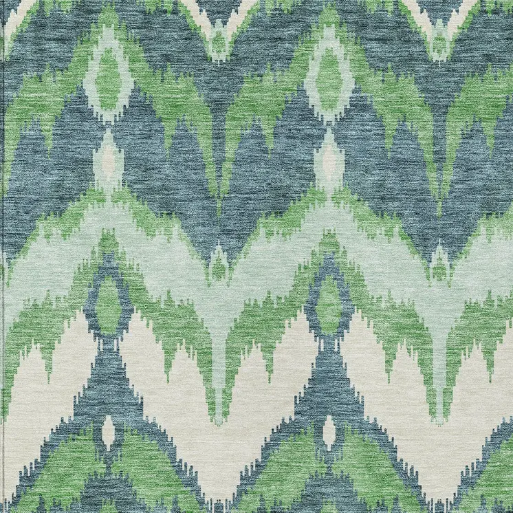 9' X 12' Green Ivory And Blue Ikat Washable Indoor Outdoor Area Rug