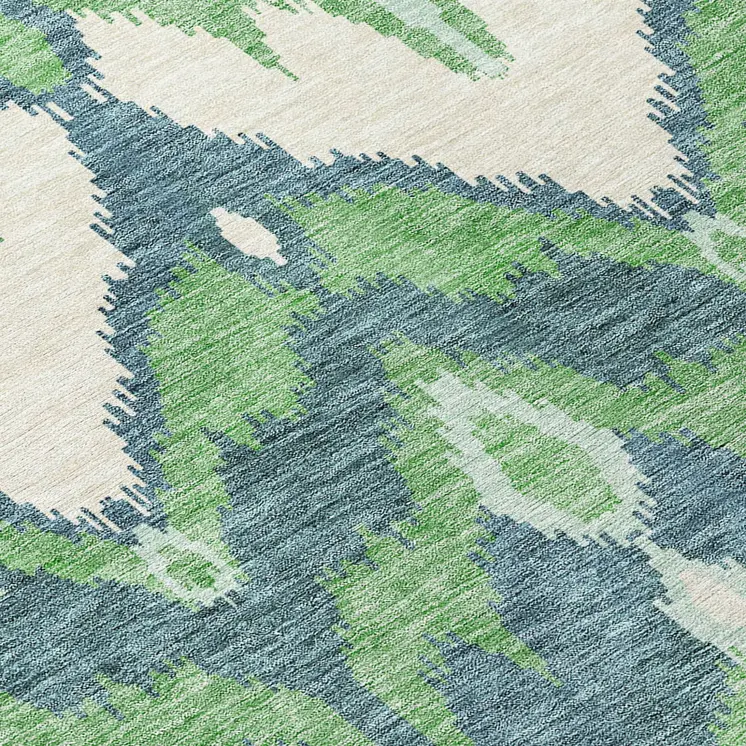 9' X 12' Green Ivory And Blue Ikat Washable Indoor Outdoor Area Rug