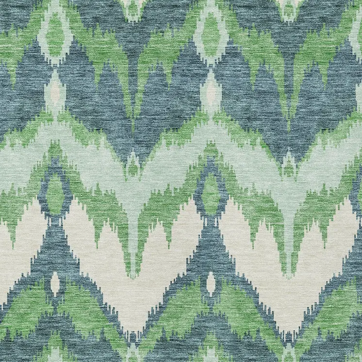 10' X 14' Green Ivory And Blue Ikat Washable Indoor Outdoor Area Rug