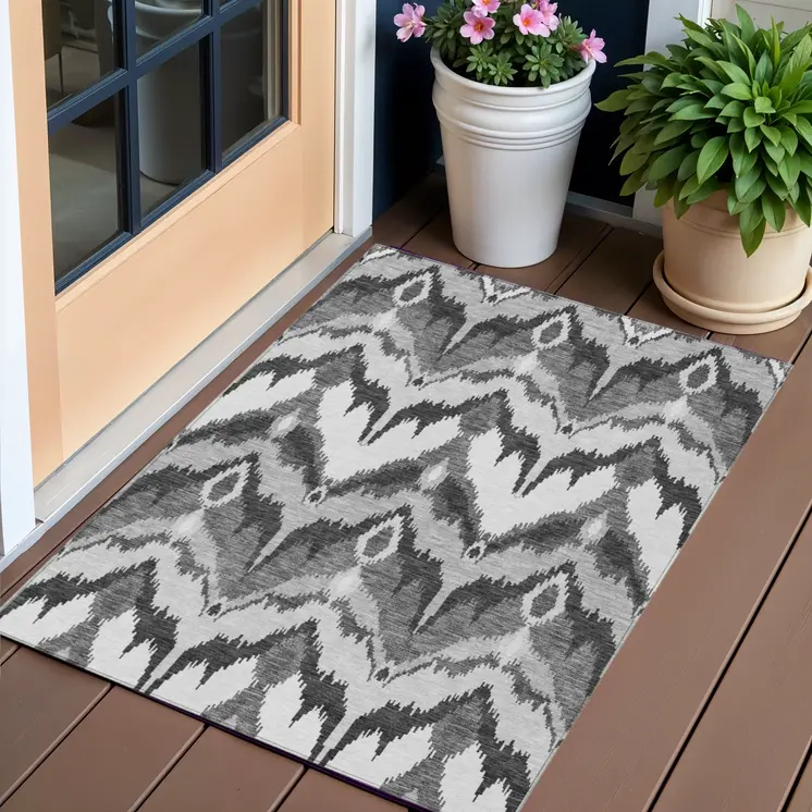 3' X 5' Gray Silver And Charcoal Ikat Washable Indoor Outdoor Area Rug