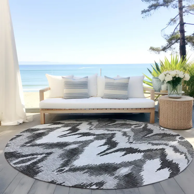 8' Gray Silver And Charcoal Round Ikat Washable Indoor Outdoor Area Rug