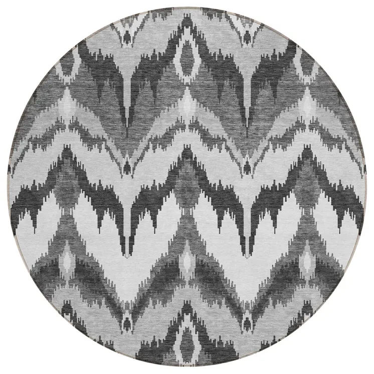 8' Gray Silver And Charcoal Round Ikat Washable Indoor Outdoor Area Rug