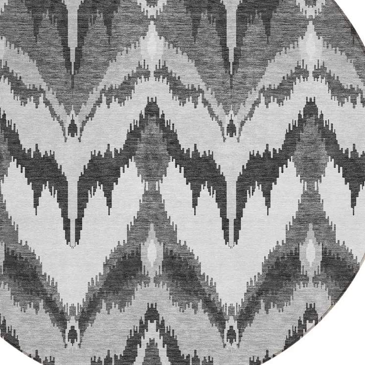 8' Gray Silver And Charcoal Round Ikat Washable Indoor Outdoor Area Rug