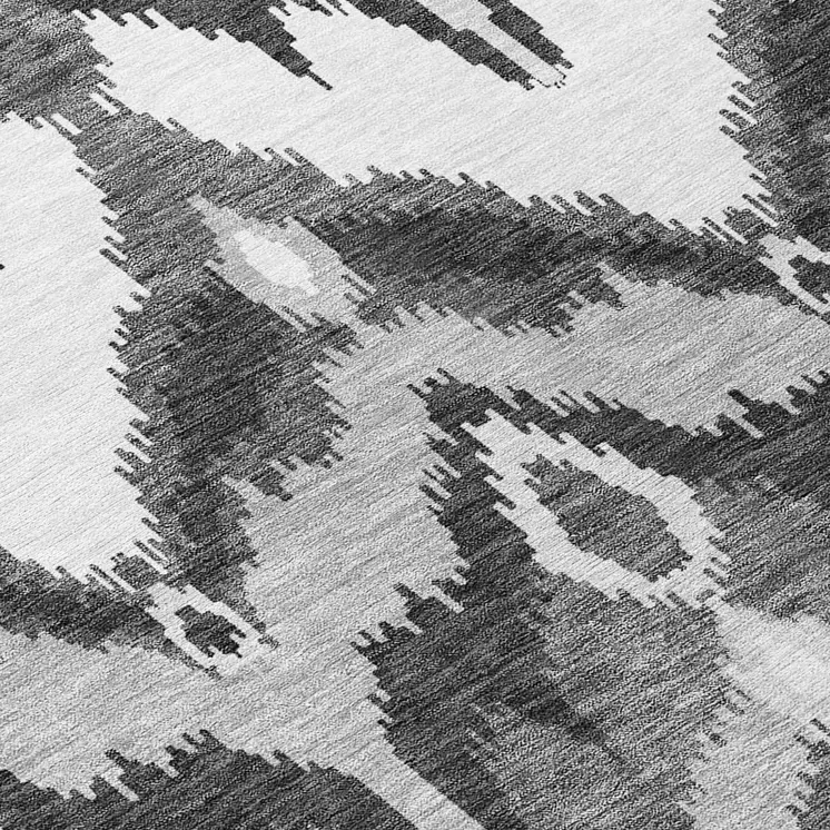8' Gray Silver And Charcoal Round Ikat Washable Indoor Outdoor Area Rug