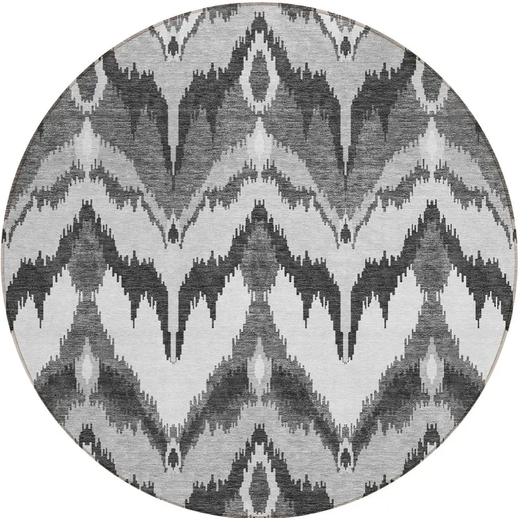 8' Gray Silver And Charcoal Round Ikat Washable Indoor Outdoor Area Rug
