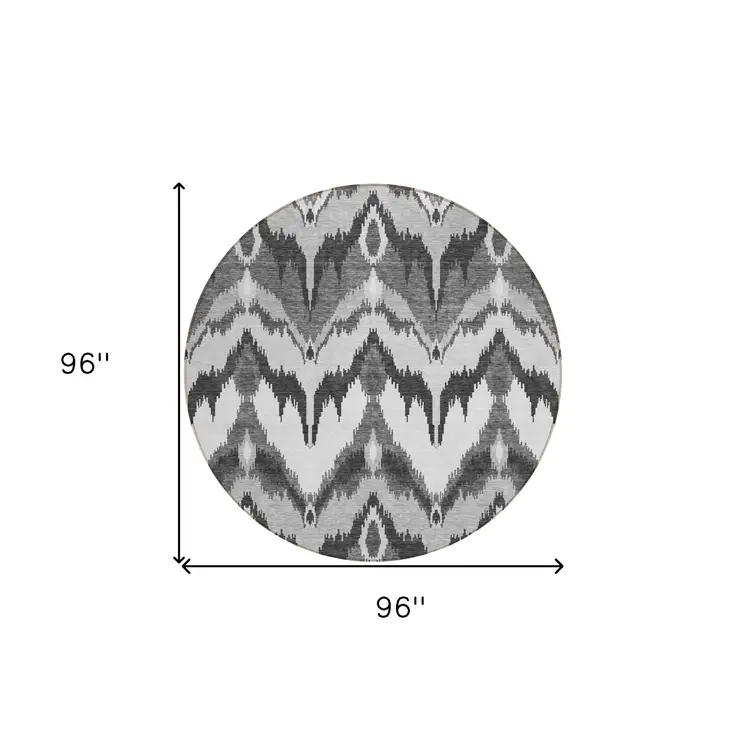 8' Gray Silver And Charcoal Round Ikat Washable Indoor Outdoor Area Rug