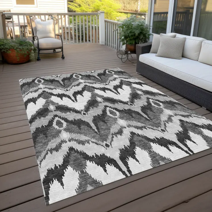 8' X 10' Gray Silver And Charcoal Ikat Washable Indoor Outdoor Area Rug
