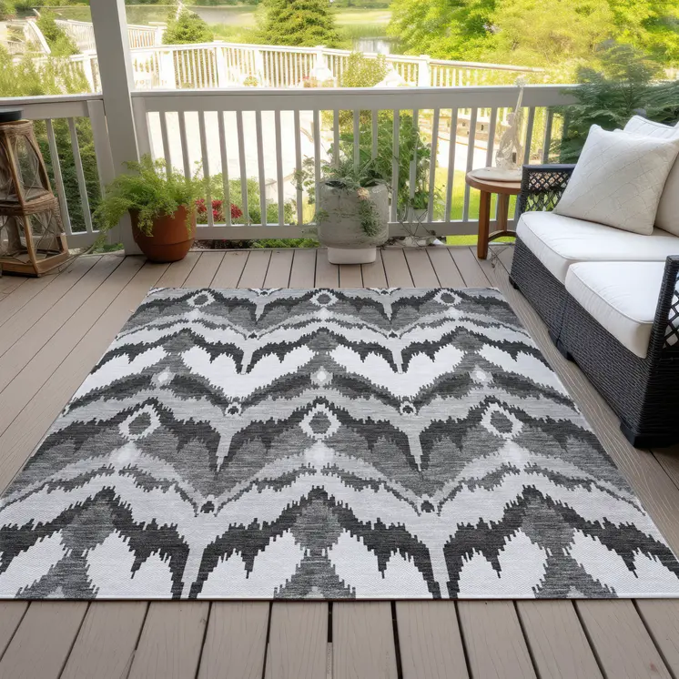 9' X 12' Gray Silver And Charcoal Ikat Washable Indoor Outdoor Area Rug
