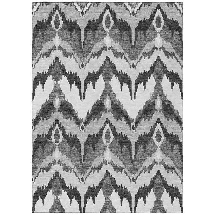 9' X 12' Gray Silver And Charcoal Ikat Washable Indoor Outdoor Area Rug