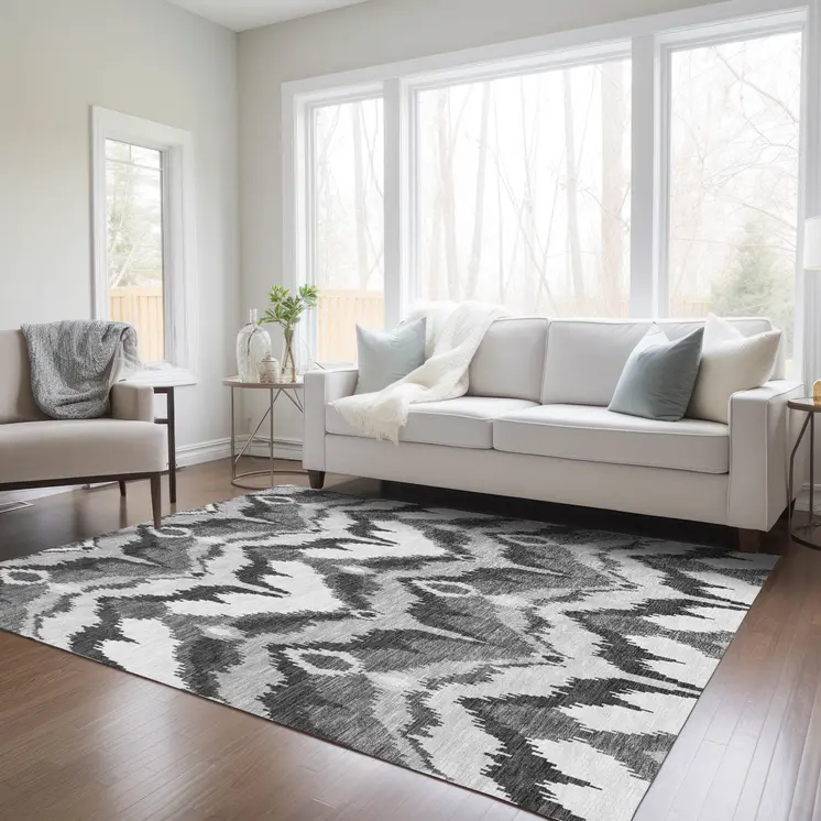 9' X 12' Gray Silver And Charcoal Ikat Washable Indoor Outdoor Area Rug
