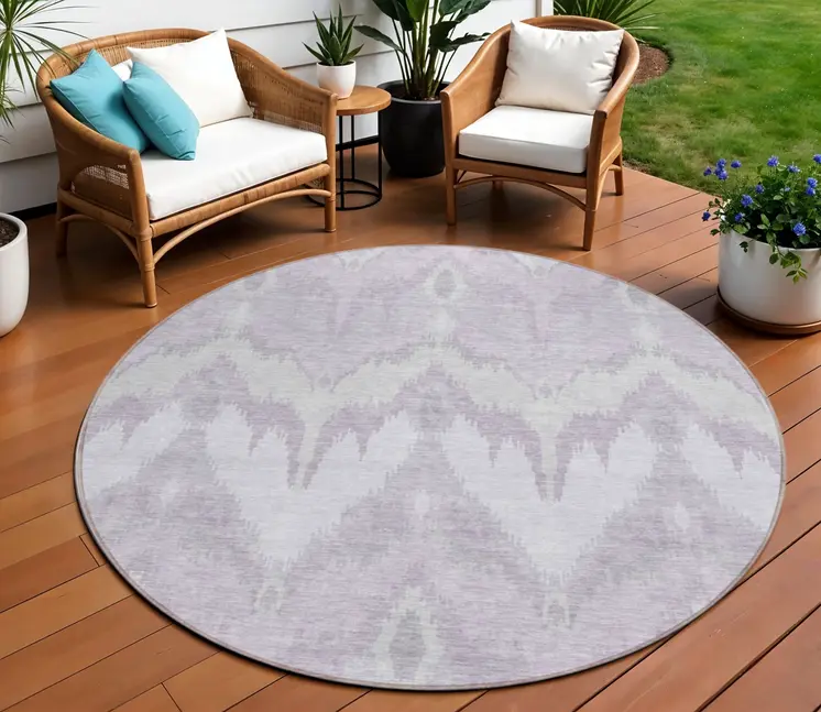 8' Lavender Purple And Gray Round Ikat Washable Indoor Outdoor Area Rug