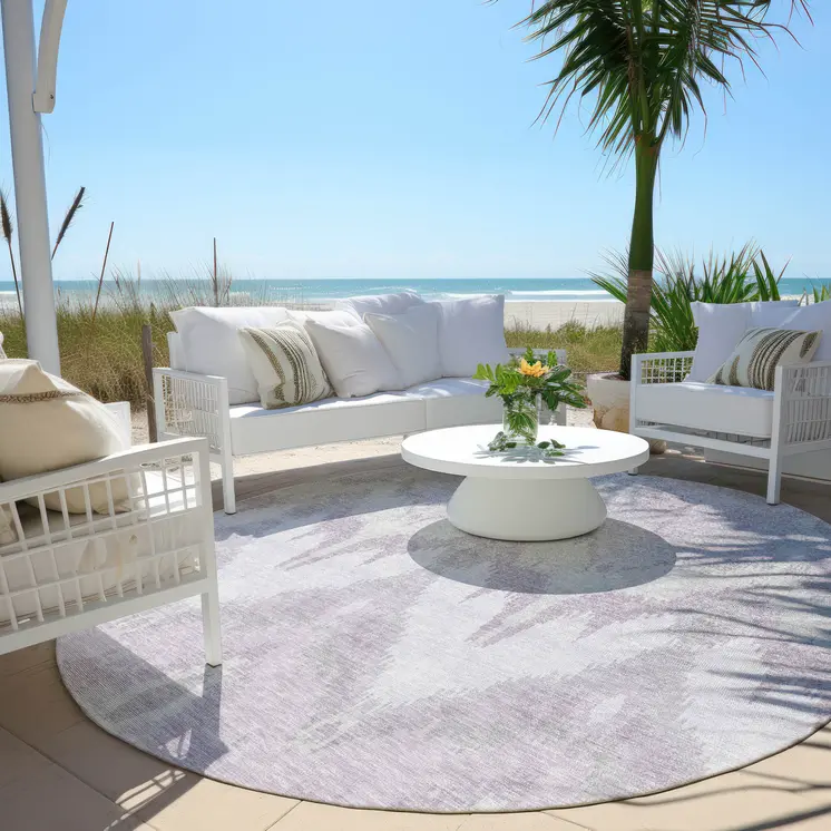 8' Lavender Purple And Gray Round Ikat Washable Indoor Outdoor Area Rug