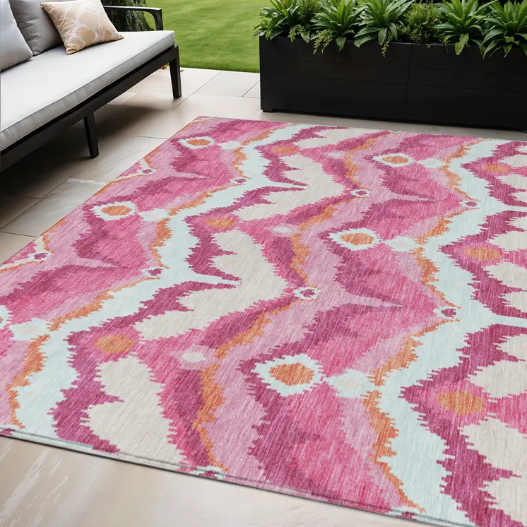 5' X 8' Pink Mauve And Orange Ikat Washable Indoor Outdoor Area Rug