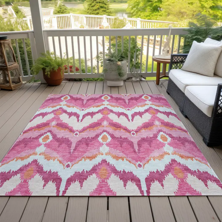 5' X 8' Pink Mauve And Orange Ikat Washable Indoor Outdoor Area Rug