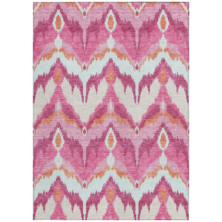 5' X 8' Pink Mauve And Orange Ikat Washable Indoor Outdoor Area Rug