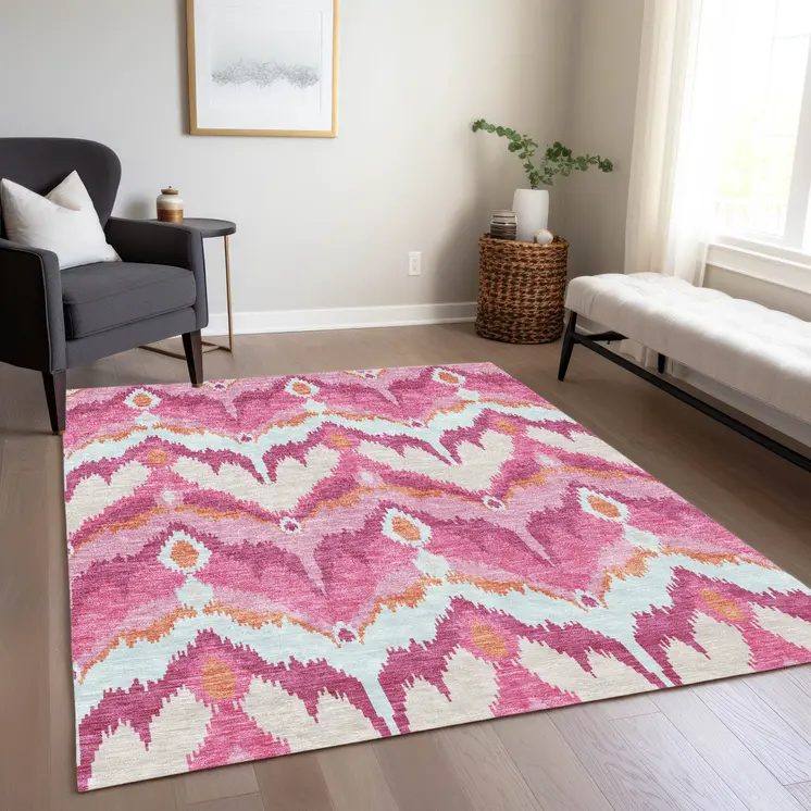 5' X 8' Pink Mauve And Orange Ikat Washable Indoor Outdoor Area Rug