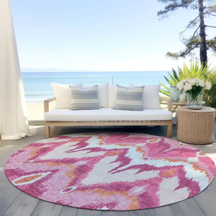 8' Pink Mauve And Orange Round Ikat Washable Indoor Outdoor Area Rug