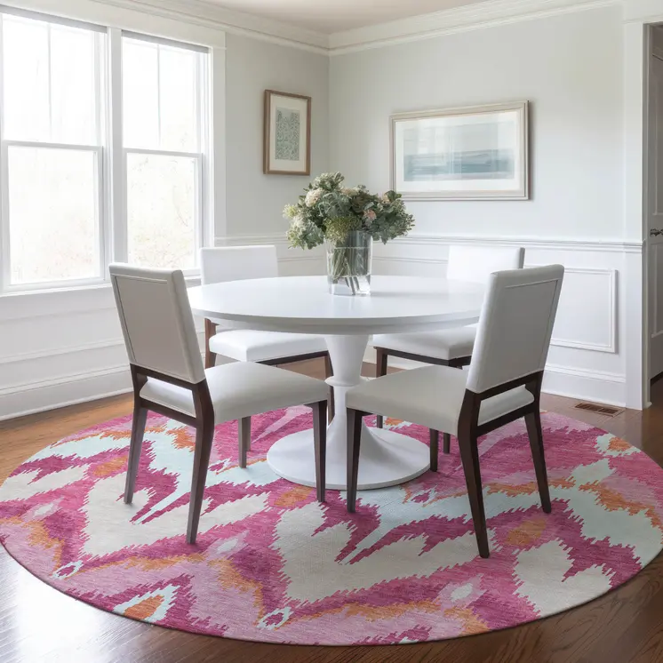8' Pink Mauve And Orange Round Ikat Washable Indoor Outdoor Area Rug