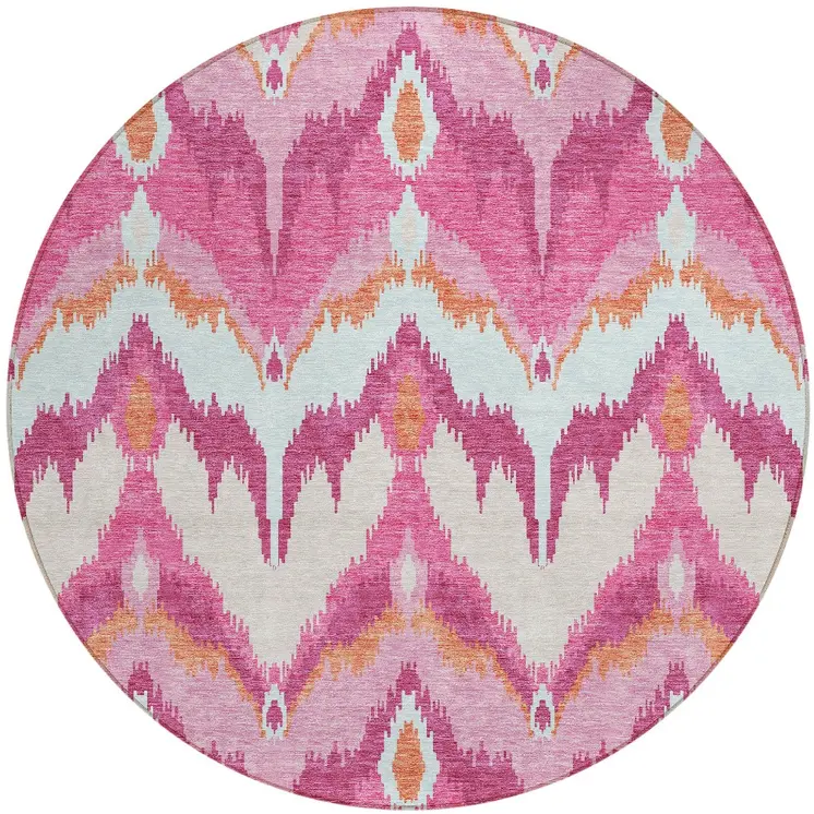 8' Pink Mauve And Orange Round Ikat Washable Indoor Outdoor Area Rug