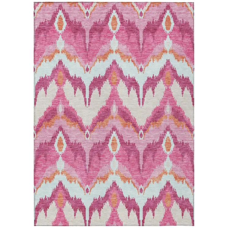 10' X 14' Pink Mauve And Orange Ikat Washable Indoor Outdoor Area Rug