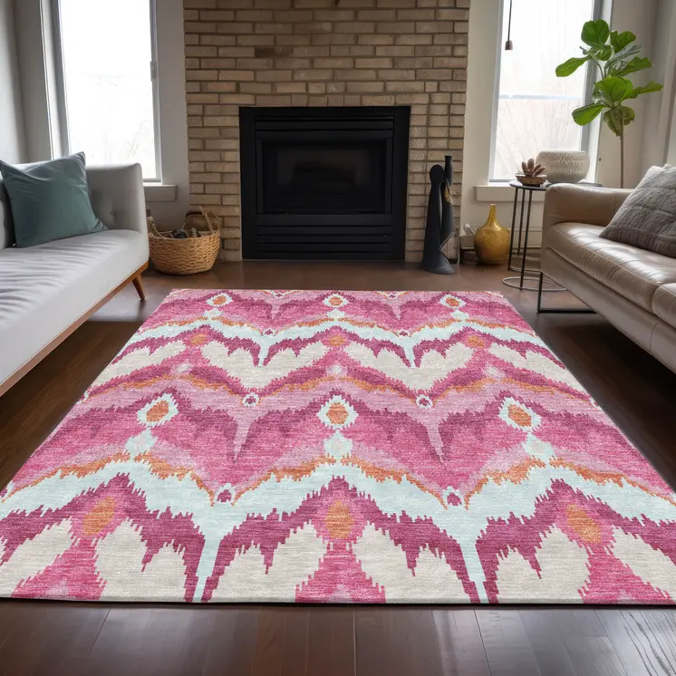 10' X 14' Pink Mauve And Orange Ikat Washable Indoor Outdoor Area Rug