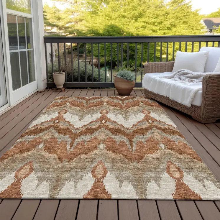 5' X 8' Orange Beige And Copper Ikat Washable Indoor Outdoor Area Rug