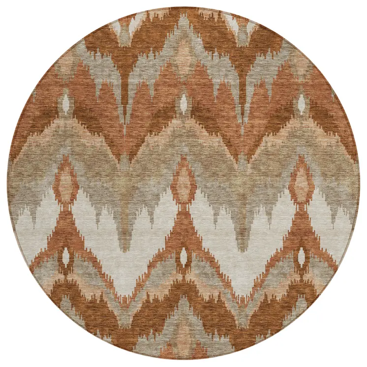 8' Orange Beige And Copper Round Ikat Washable Indoor Outdoor Area Rug