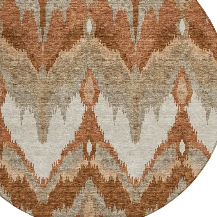 8' Orange Beige And Copper Round Ikat Washable Indoor Outdoor Area Rug