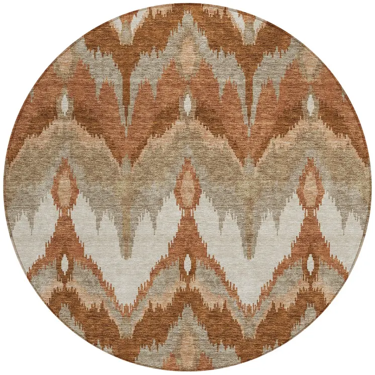 8' Orange Beige And Copper Round Ikat Washable Indoor Outdoor Area Rug
