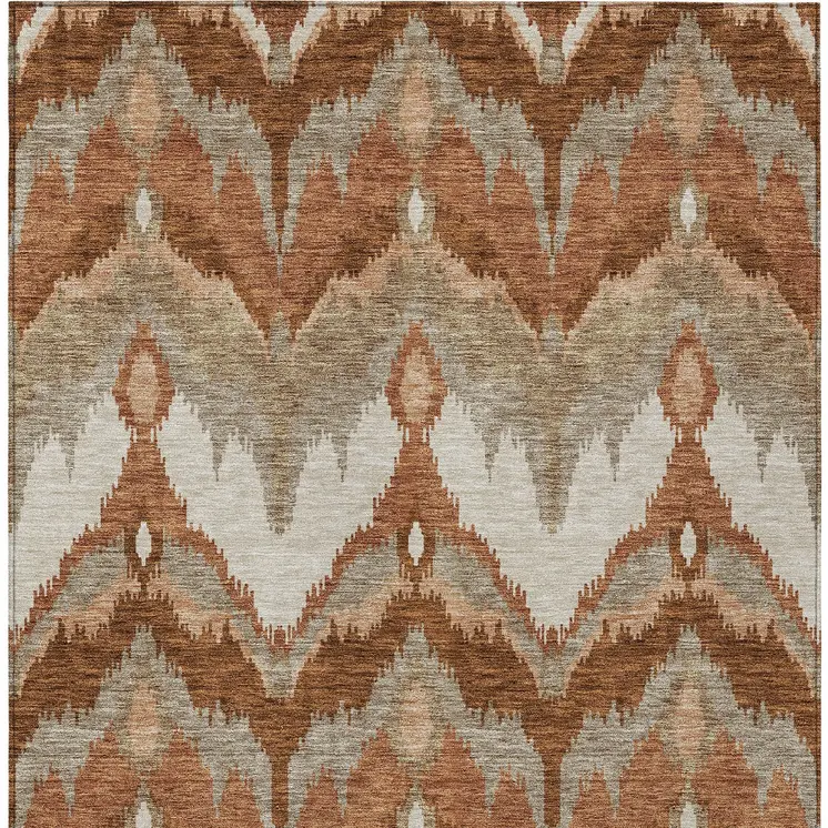 9' X 12' Orange Beige And Copper Ikat Washable Indoor Outdoor Area Rug