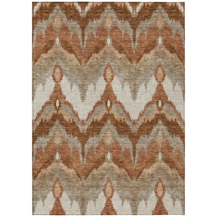 9' X 12' Orange Beige And Copper Ikat Washable Indoor Outdoor Area Rug
