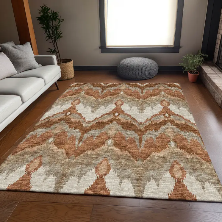 9' X 12' Orange Beige And Copper Ikat Washable Indoor Outdoor Area Rug