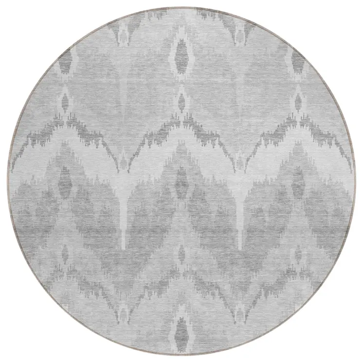 8' Silver And Gray Round Ikat Washable Indoor Outdoor Area Rug