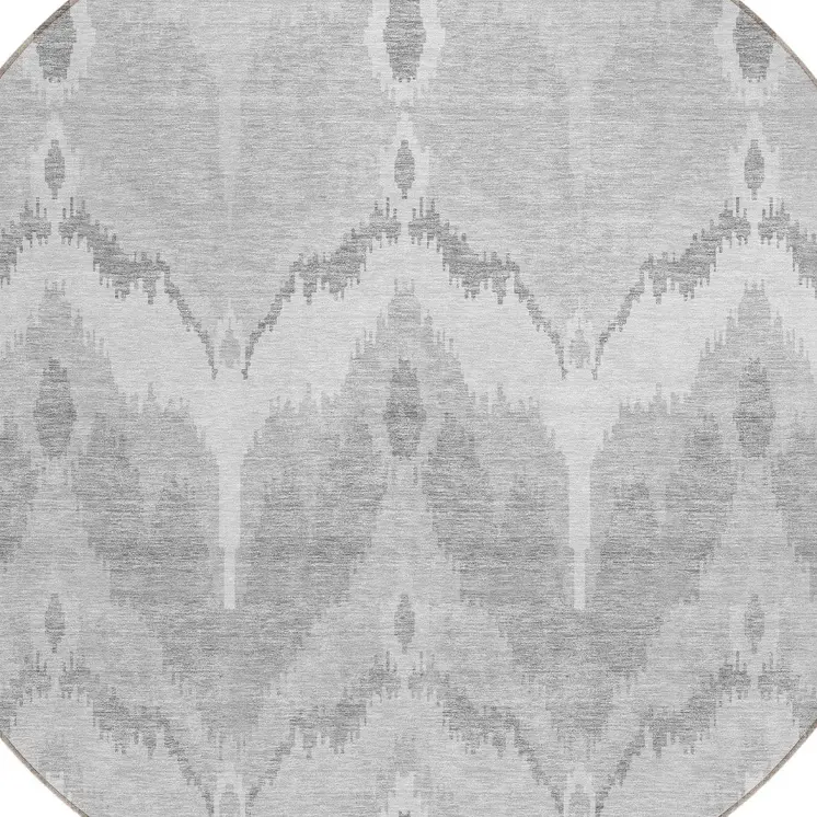 8' Silver And Gray Round Ikat Washable Indoor Outdoor Area Rug