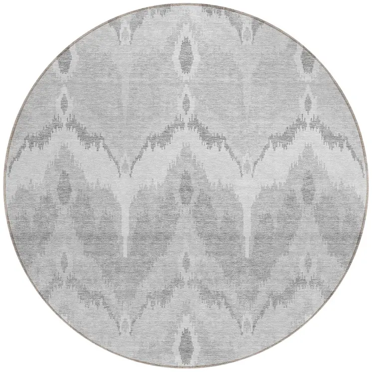 8' Silver And Gray Round Ikat Washable Indoor Outdoor Area Rug