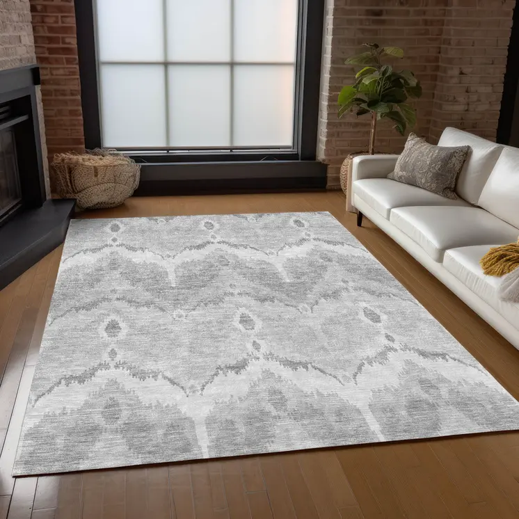 8' X 10' Silver And Gray Ikat Washable Indoor Outdoor Area Rug