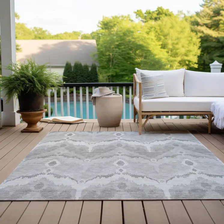 9' X 12' Silver And Gray Ikat Washable Indoor Outdoor Area Rug