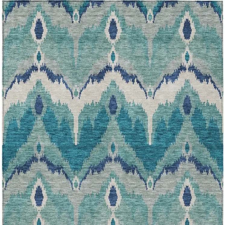 3' X 5' Teal Blue Navy Blue And Ivory Ikat Washable Indoor Outdoor Area Rug