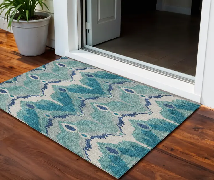 3' X 5' Teal Blue Navy Blue And Ivory Ikat Washable Indoor Outdoor Area Rug