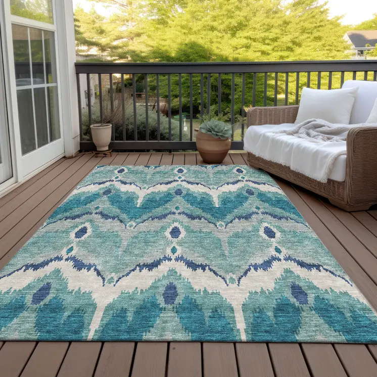 3' X 5' Teal Blue Navy Blue And Ivory Ikat Washable Indoor Outdoor Area Rug