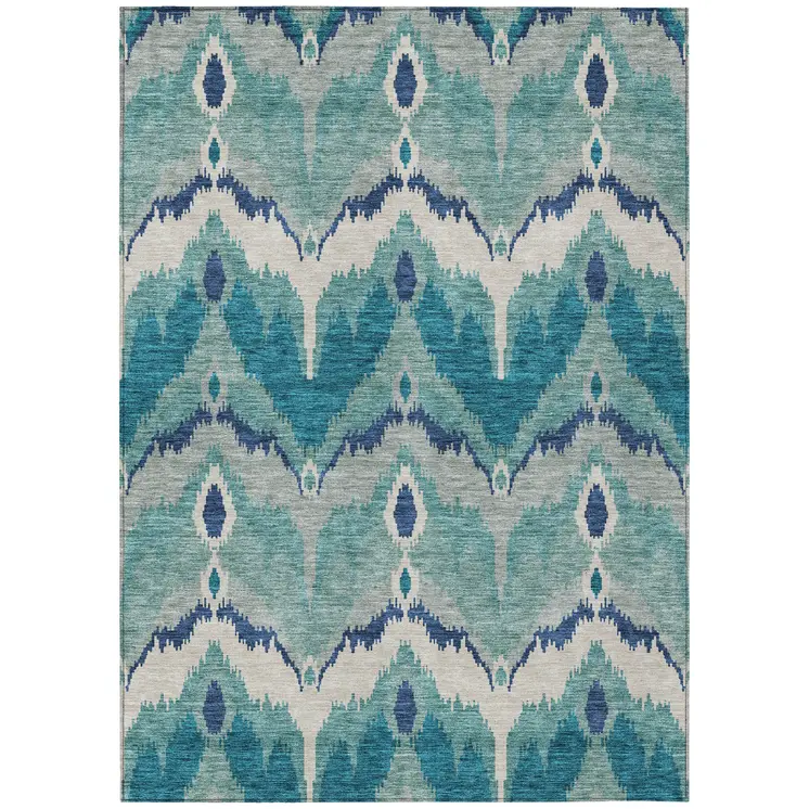 3' X 5' Teal Blue Navy Blue And Ivory Ikat Washable Indoor Outdoor Area Rug