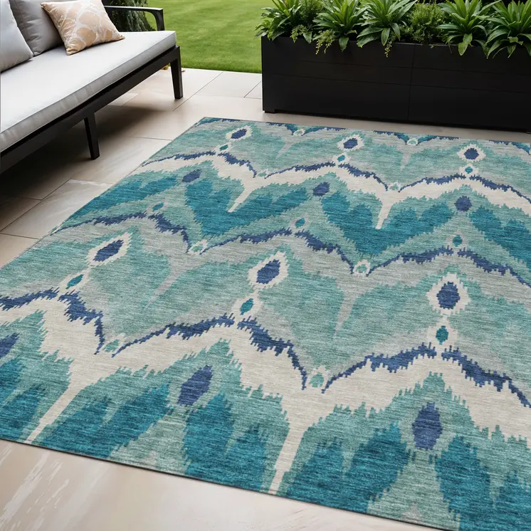 5' X 8' Teal Blue Navy Blue And Ivory Ikat Washable Indoor Outdoor Area Rug