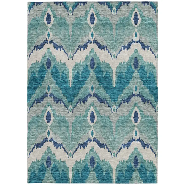 5' X 8' Teal Blue Navy Blue And Ivory Ikat Washable Indoor Outdoor Area Rug