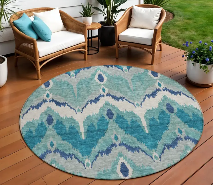 8' Teal Blue Navy Blue And Ivory Round Ikat Washable Indoor Outdoor Area Rug