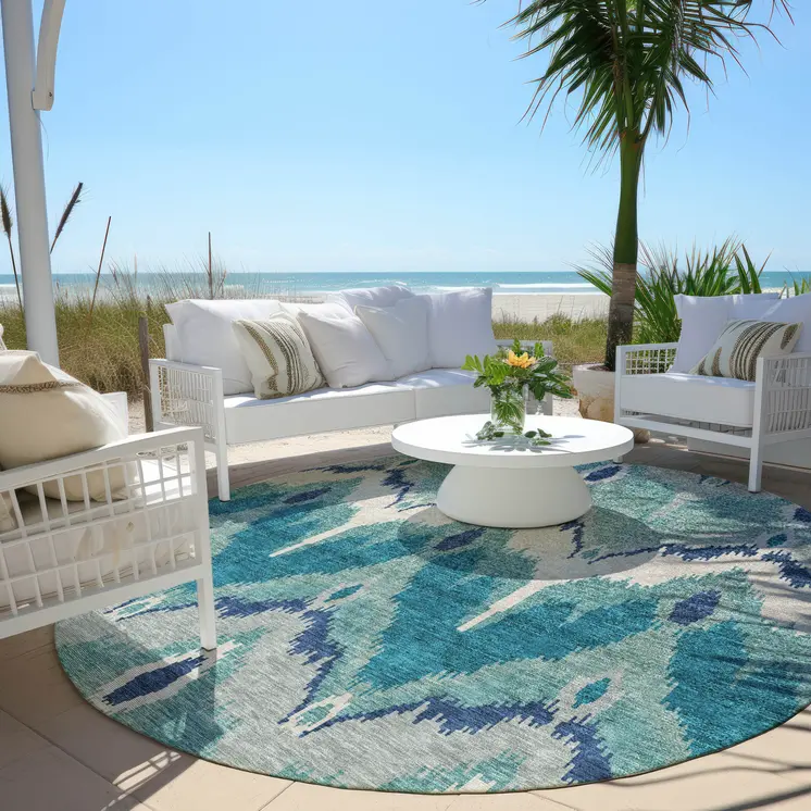 8' Teal Blue Navy Blue And Ivory Round Ikat Washable Indoor Outdoor Area Rug