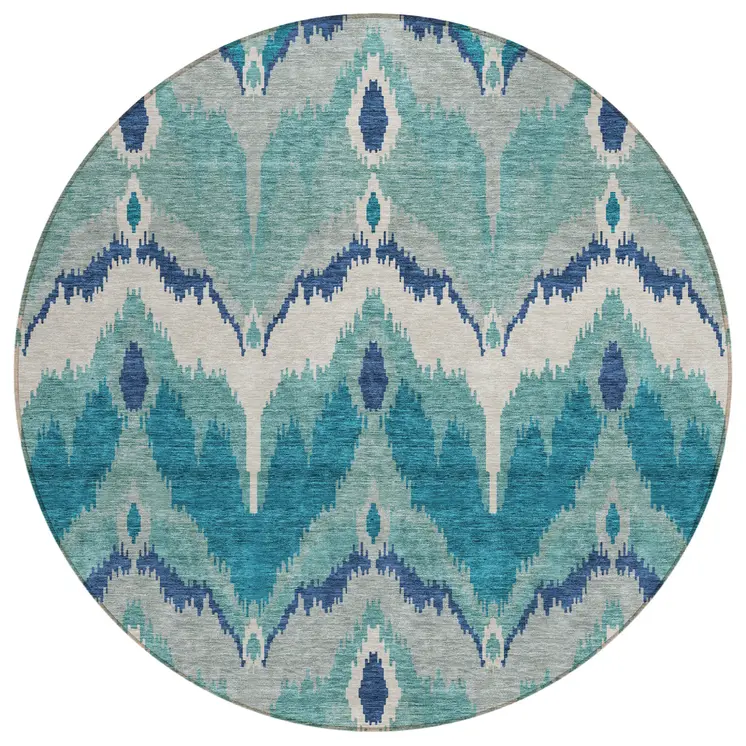 8' Teal Blue Navy Blue And Ivory Round Ikat Washable Indoor Outdoor Area Rug