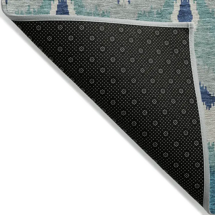 8' Teal Blue Navy Blue And Ivory Round Ikat Washable Indoor Outdoor Area Rug