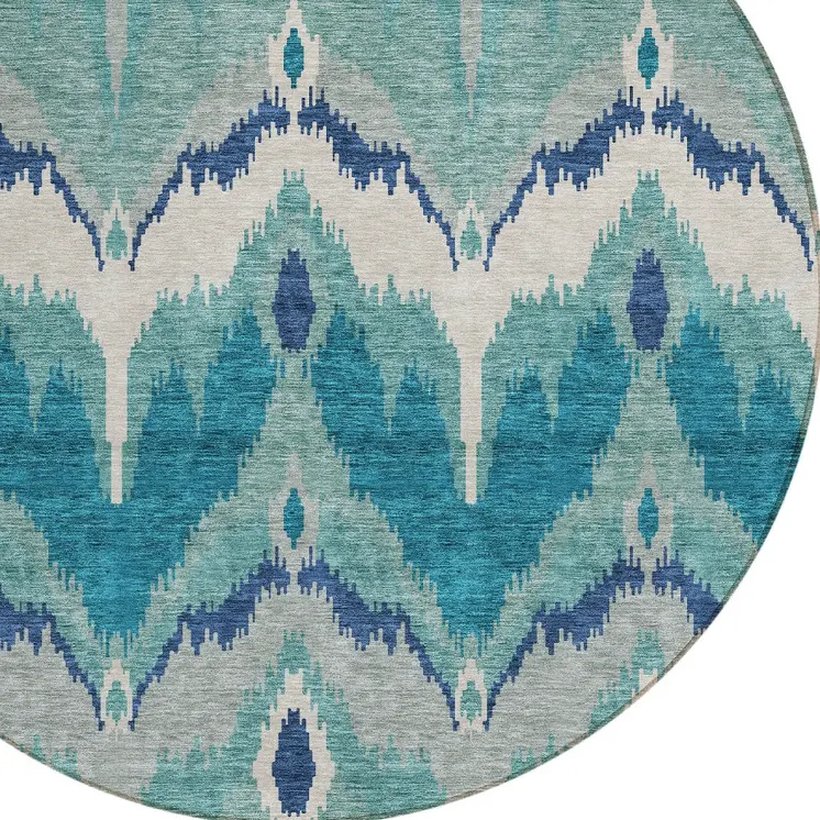 8' Teal Blue Navy Blue And Ivory Round Ikat Washable Indoor Outdoor Area Rug