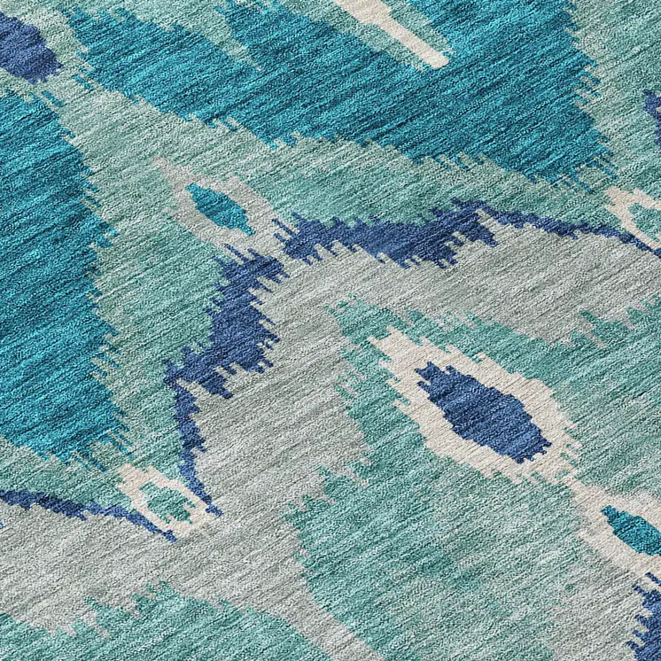 8' Teal Blue Navy Blue And Ivory Round Ikat Washable Indoor Outdoor Area Rug